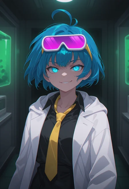 deep contrast, luminous lighting, cinematic ambiance, best quality, colorful, masterpiece, detailed_background, 
<lora:sk-alchemist-v2-09:0.8> sk-aellie, 1girl, blue hair, young, blue eyes, upper body, 
googles on head, yellow necktie, white lab_coat, black shirt, solo, smirk, horror \(theme\), glowing eyes, laboratory,