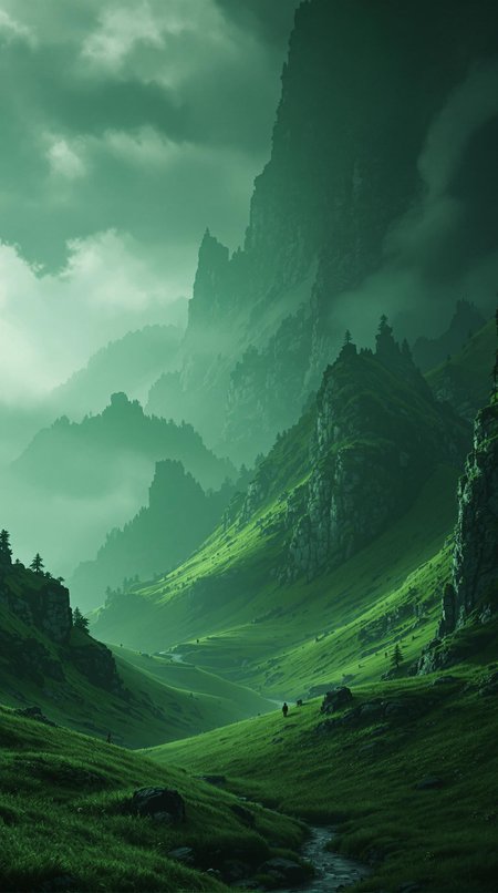 ((Green)): A hauntingly stunning landscape, perfect for a desktop wallpaper. Soft, muted tones dominate the palette, with unusual dark hues and faded colors blending seamlessly together. Atmospheric haze lingers, adding to the drama. Cinematic lighting casts long shadows, emphasizing every detail. Film grain texture adds depth, while professional composition guides the viewer's eye. Fine details are meticulously rendered, showcasing maximum level of detail. This masterpiece is a true work of art, boasting extreme precision and best-in-class quality.