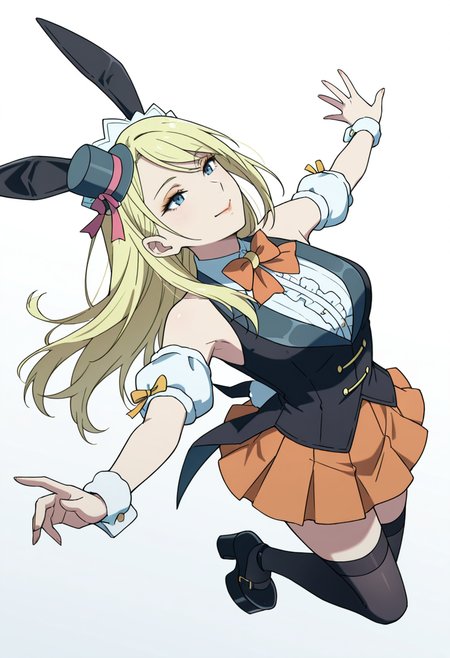 Smooth Quality,masterpiece,very intricate, high quality details, ultra realistic, high detailed skin,detailed enviorement,absurdres,
 <lora:Moonbeams_Manager_CNR:0.7> moonbear_cnr, 1girl,blonde hair, long hair, blue eyes,rabbit ears, fake animal ears, bare shoulders, makeup, lipstick, mini top hat, black vest, shirt,puffy short sleeves, detached sleeves, wrist cuffs,orange pleated skirt, black thighhighs, frills,bowtie, platform footwear,, simple background, white background, dynamic angle,solo,
jumping, arms open, legs bent, smiling, midair,  ,, :>=,