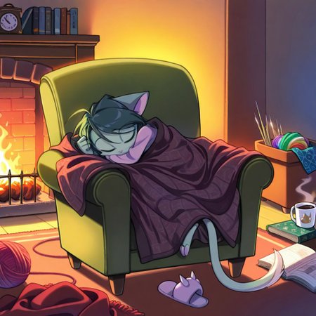score_9, score_8_up, score_7_up,lilith_calah,
1girl,solo,furry,tail,dark green hair, source_furry,
 ,<lora:lilith_calah_illustrious:0.8>,
child, kid,
knitting_needles, yarn_ball, blanket, armchair, fireplace, slippers, wool, pattern_book, A cozy evening by a crackling fireplace, someone curled up in an armchair, needles clicking as they knit rows of a soft blanket. Yarn roll slightly on the floor, a coffee mug steams on a side table, and a pattern book lies open nearby