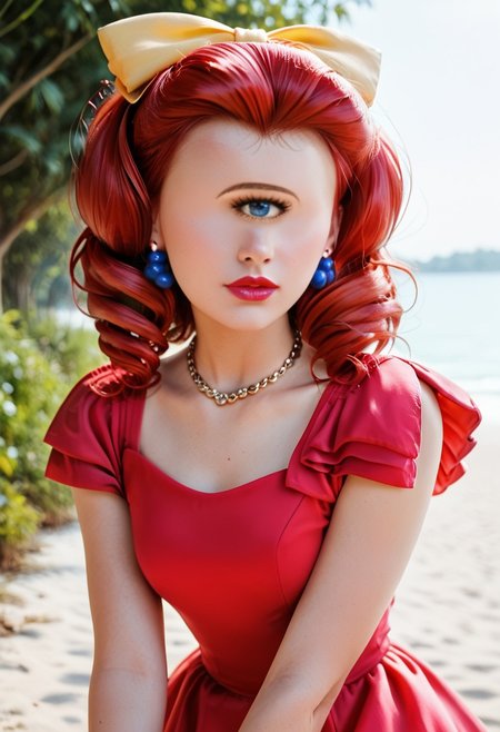 score_9, score_8_up, score_7_up, score_6_up, <lora:PMJessebelle_epoch_7:0.8>, PMJessebelle, blue eyes, red hair, drill hair, yellow bow, hair bow, earrings, lipstick, pink lips,
pearl necklace, red dress, shoulder pads,
leaning forward, serious, looking at viewer, facing viewer, hand on own knee, cowboy shot, 
BREAK day, sunlight, outdoors,
gorgeous lips, cinematic, (masterpiece), (best quality), (ultra-detailed), very aesthetic, illustration, perfect composition, intricate details, absurdres, (realistic, ultrarealistic, masterpiece, intricate:1.3), (best quality, hires textures, high detail:1.2), (4k), (incredibly detailed:1.4), (masterpiece, best quality:1.2), cyclopsgirl, thinmonobrow, masterpiece,best quality,