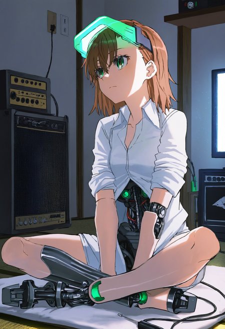 mechabare, misaka imouto, artist:[hataya|itou (onsoku tassha)|yoneyama mai|quasarcake|diyokama|sukabu], 1girl, indoors, tatami, frog hair ornament, cable, solo, white shirt, mechanical parts, brown hair, electric plug, sleeves rolled up, electrical outlet, collared shirt, futon, screwdriver, mechanical legs, visor lift, green eyes, sliding doors, wire, android, science fiction, indian style, closed mouth, computer, shelf, monitor, prosthetic leg, on floor, amplifier, robot joints,
masterpeice, best quality, very aesthetic, absurdres