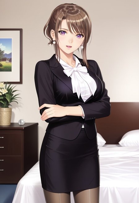 in bedroom, white bedroom sheet, (photorealistic, beautiful girl, sexy girl, Japanese girl) (matsumiya_kiriko, pantyhose, skirt, solo, brown hair, purple eyes, fitted skirt, formal, suit, black skirt, shirt, jacket, white shirt, office lady, outfit1 earrings, pearl earrings,)  1girl, best quality, cowboy shot, seductive smile, large breast,  Overall Detail, (slim, standing, open mouth, looking at viewer, young-adult contrapposto) realistic hands, negative hand, handfixer, tony taka, alone, 1 girls