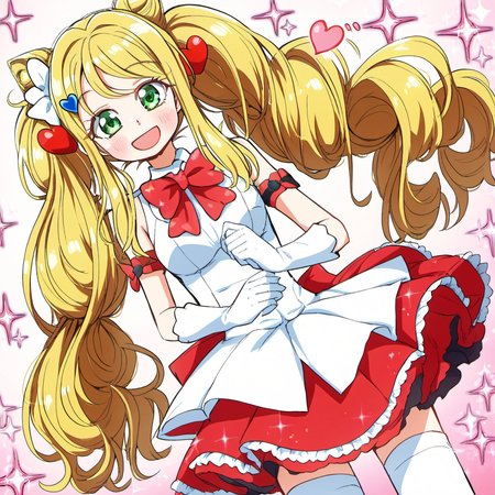 1girl, cure sparkle, hiramitsu hinata, by kodoto, :d, arm strap, blonde hair, bow, bowtie, cone hair bun, cowboy shot, dutch angle, floating hair, gloves, green eyes, hair bun, hair ornament, heart, heart hair ornament, layered skirt, long hair, miniskirt, open mouth, red bow, red bowtie, skirt, smile, solo, sparkle, standing, thighhighs, twintails, white gloves, zettai ryouiki,