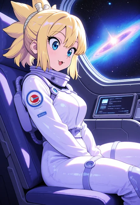 kohaku_(dr_stone),  :3, ultra detailed, masterpiece, best quality, 1girl, solo, adult, indoors, space suit, sitting, seat, windows, futuristic vehicle, space, stars, galaxy, pastel colors, vintage, intricate detailed, finely detailed, amazing detail, from side, smile, :o, awe, shadows, dim lighting, cowboy shot,