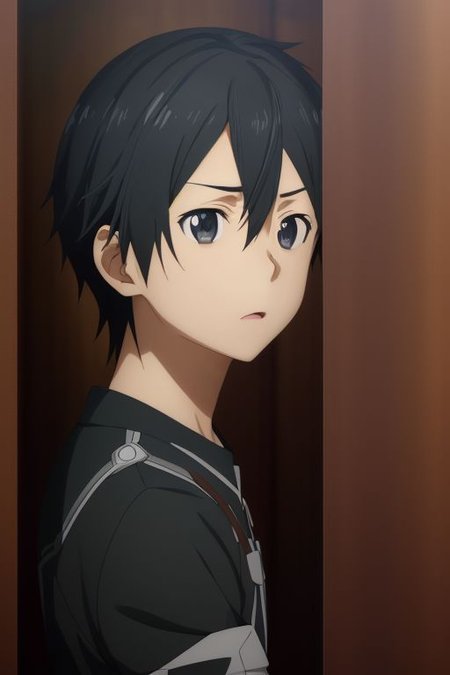 high resolution, solo, best quality, 1Boy, Kazuto Kirigaya, portraits, Black Hair, Black Eyes, surprised, peeking out, OverallDetail