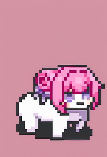 masterpiece, best quality, solo,  <lora:FEGBA-Sprites-illus_Fp:1>, simple background, pixel art, full body,  <lora:doro_xypher_ixl_v1:0.8>, doro, :3, chibi, no pupils, solid circle eyes, full body, white skin, all fours, dorothy \(nikke\), pink hair, purple eyes, single side bun, hair bow, purple ribbon