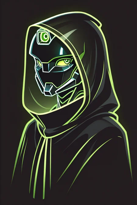 robot, portrait, black  cloak, green eyes,  looking to the side, see-through clothes,  simple background, high quality, <lora:Glowline_Figures_IL:1> glowline_figures