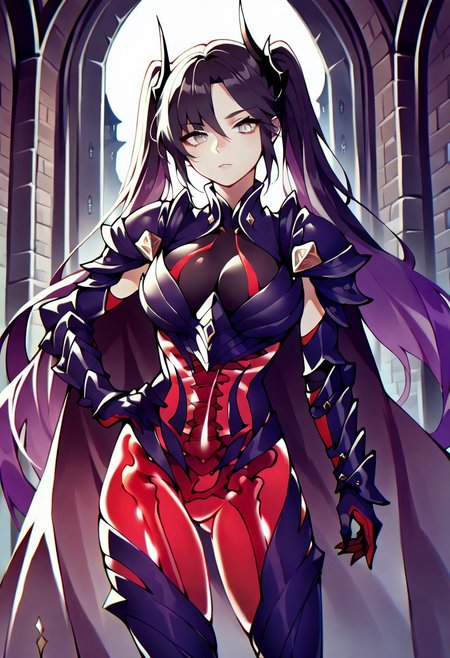 masterpiece, best quality, 1girl, solo, horns, red body, see-through body, skeleton, zzMona, grey eyes, hair between eyes, black hair, hair ornament, long hair, purple hair, twintails, very long hair, armor, breastplate, shoulder armor, gauntlets, thigh boots, high heels, cape, looking at viewer, hand on hip, cowboy shot, indoors, castle, stone walls