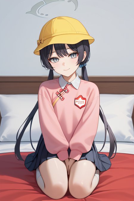 score_9, score_8_up, score_7_up, source_anime, rating_safe, intricate details, 1girl, solo, <lora:Kisaki_V2:1>, kisaki, black hair, low twintails, grey eyes, halo, school hat, yellow hat, kindergarten uniform, collared shirt, pink sweater, red name tag, flat chest, pleated skirt, black skirt, white socks, looking at viewer, indoor, smile, five fingers, kneeling, on bed, full body, feet