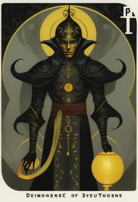 dark grey background, art déco, occultist, antiquarian, ((male tiefling)), byzanthine man in black and yellow robes, (ornate lantern), ((man wearing golden ibis mask)), (man wearing turban), ((upwards shoulder pads)), demon and angel