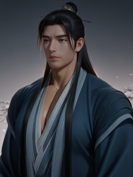 Hanli, Hanli, realistic,long hair, brown eyes, facial hair,black hair, masterpiece,best quality,amazing quality, 1 boy,solo,male focus,bara, muscular,bodybuilder,huge pecs, fair skin,hanfu, upper body