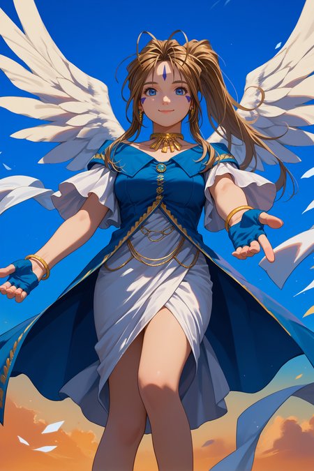 score_9, score_8_up, score_7_up, score_6_up, source_anime, 1girl, solo,  <lora:belldandy-pdxl-nvwls-v1-000006:1> amgBDD, brown hair, ponytail, antenna hair, blue eyes, forehead mark, facial mark, necklace, gold ear piercings, earrings, blue and white dress, off-shoulder dress, white skirt, angel wings, large breasts, full body, glowing, light, sky, blue sky, outstretched hand, from below, flying, looking at you, closed mouth, smile, bracelet, blue gloves, fingerless gloves, dutch angle, forced perspective, reaching out