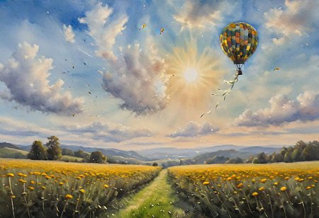 Classic oil painting, giant dandelion in the foreground, seed head replaced by a miniature hot air balloon ascending into a vast watercolor sky, wispy clouds, rolling hills in the distance, warm sunlight