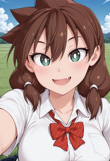 amano_megumi, green eyes, bright pupils, white pupils, brown hair, low twintails, school uniform, red bowtie, collared shirt, short sleeves, <lora:amano_megumi_illustrious_ver2:0.8> 
smile, open mouth, fang,, masterpiece, best quality, sensitive,, 1girl, solo, blue sky, (grasslands:1.2), looking at viewer,, (upper body:1.2), (close-up:1.2), (facing viewer:1.2), (open eyes:1.4), (portrait:1.2)