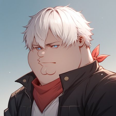 score_8_up, BREAK, 1boy, solo, Peter Griffin, white hair,   short hair, blue eyes,  jacket,   black jacket,  gojou satoru,   <lora:PeterGriffin_iamkowai_PXL_Leaf1:1> , portrait, bandana,
