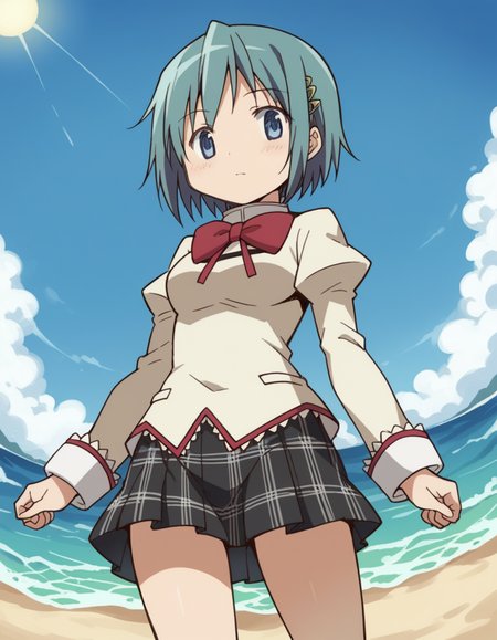 score_9, score_8_up, score_7_up, source_anime, <lora:sayaka-miki-s1-ponyxl-lora-nochekaiser:1>, sayaka miki, short hair, blue eyes, hair ornament, blue hair, hairclip, medium breasts,, skirt, school uniform, mitakihara school uniform, puffy sleeves, plaid skirt, pleated skirt, bowtie, red bowtie, beach, sand, waves, sun, ocean, , from below, looking at viewer, solo,, dutch angle, cowboy shot