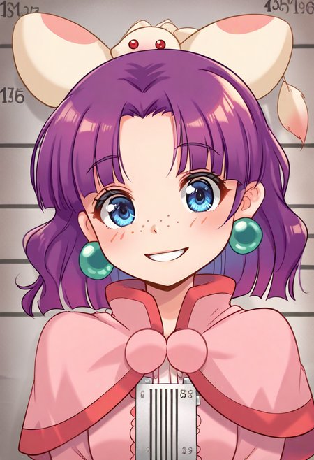score_9, score_8_up, score_7_up, best quality, uncensored, source_anime, BREAK
1girl, sue(grandia), purple hair, medium hair, hair ribbon, blue eyes, green earrings, freckles, capelet, pink dress, sue(grandia) outfit, striped socks, brown shoes,
little smile, standing, mugshot, looking at viewer, upper body, portrait, close-up face,  indoors,
<lora:sdxl_lightning_8step_lora:1>  <lora:sue(grandia)_XL(pony):1>