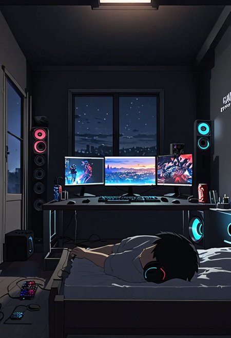 Highres, Masterpiece, High Quality, 4K, 8K, solo, 1Boy, Takaki Toono, adult, black hair, short hair, potarit, bed room, game room, comfortable, dark walls, RGB lights, quiet, window, night view, keyboard, pc, mouse, laptop, mattress, headset, speakers, stickers, soda drinks, snacks,, easynegative, detailed_eye_model