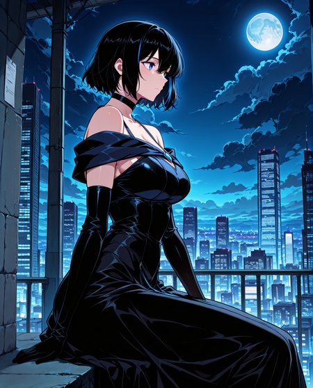 <lora:Cheon_Soyeon__The_Knight_King_Who_Returned_with_a_God__Illustrious:1>
1 girl, solo, black hair, short hair, loose hair, blue hair streak, multicolored hair, streaked hair, bangs, hair between eyes, blue eyes, large breasts
dress, black dress, long dress, cloves, elbow gloves, black cloves, bare shoulders, off shoulder, choker, black choker
score_9, score_8_up, score_7_up, score_6_up, source_anime, masterpiece, best quality, absurdres, highres, newest, anime coloring <break>  1girl, solo, sitting, on wall, from side, illuminated city background, night sky, cloud, night, blue moon,  <lora:iLLMythG0thicL1nes:1>