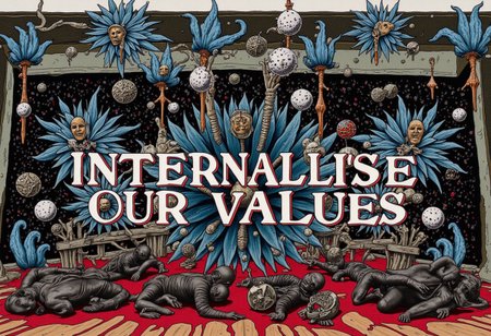 the words 'INTERNALISE OUR VALUES' written in large font fills the front of frame. In the back of frame weird man with in a dark room with checkerboard blue lotus PEOPLE ARE trapped inside machinery, people crushed inside mechanical gears, high gore arms crushed and bent, signs of wailing, people in business suits trapped in machinery. floors with blood on the ground with a white interior cyber tech electricity electical circuits illuminati symbols with brains and vaginas with high technology alchemical background lightning bolts
