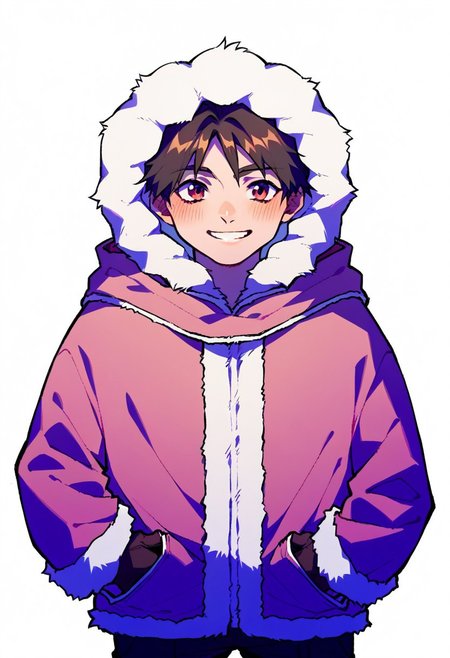 score_9, score_8_up, score_7_up, source_anime, icnana, 1girl, solo, fur-trimmed coat, hooded coat, tomboy, reverse trap, parka, smile, gloves, blush