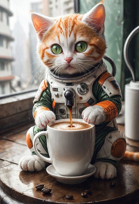 photo-realistic,
higly-detailed,
cat wearing a futuristic space suit,
a orange and white kitty sipping a mug of hot coffee holding it with it's two front paws,
lapping up the coffee as if it were drinking water,
light green eyes,