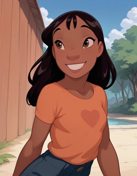 masterpiece, best quality, amazing quality, very aesthetic, absurdres,  newest, detailed background, cowboy shot, 4k, 8k, outdoors,
nanixd, 1girl, solo, smile, dark skin, black hair, dark-skinned female, shirt, long hair, grin, teeth, brown eyes, upper body
 <lora:Nani_Pelekai_-_Disney_Illustrious:1>