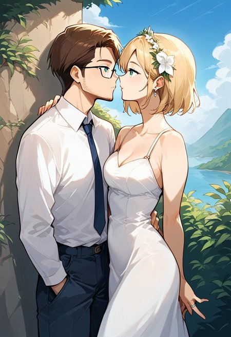 score_9, score_8_up, score_7_up, score_6_up, score_5_up, score_4_up, highres, 1boy, 1girl, c4ss14 marrying 43r0n,
BREAK
1girl, c4ss14,
BREAK
1boy, 43r0n, 
BREAK
wedding dress, black wedding suit, happy, kissing, golden ring, ring finger, ring on finger, outside, cliff edge, wedding scene, flower arch, source_anime, ntm,