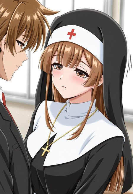 masterpiece, best quality, newest, highres, uncensored, 1girl, yokota mamoru style,motion lines,1girl,Katakura Eimi,Brown Hair, Long Hair, Sidehair, Spiky Bangs, Straight Hair,Brown Eyes, Tareme Eyes, Slim，masterpiece, best quality,This is a digital anime-style drawing featuring two characters in a classroom setting. The scene depicts a young woman and a man, both dressed in formal attire, leaning close together. The woman is dressed as a nun, with a white habit and a white headpiece adorned with a red cross. She wears a white turtleneck underneath her habit. Her eyes are closed, and she has a gentle, peaceful expression.