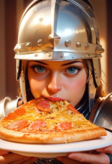 score_9, score_8_up, score_7_up,  , portrait,   
1girl, solo,  close up, hud_e4ting, holding pizza slice,  eating,
medieval, heavy armor, plate armor, helmet, knight, in a restaurant,