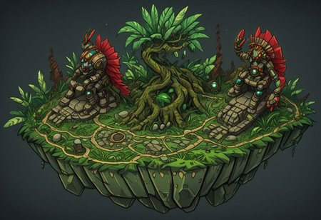 1 island, green to lime color,  jungle, many leafs,  lakes, swamp, (rocky stone ruins:0.8), overgrown wide, plain darkgray to gray background, mecha rusty parts, (((thick outlines:2.2))), (magic gemstone glowing red:1.2)