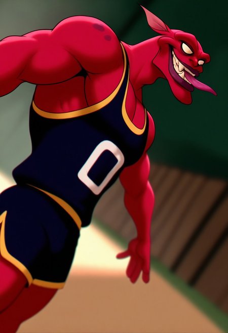 <lora:NawtSJ:1>, NawtSJ, 1boy, solo, colored skin, red skin, black eyes, perfecteyes, fangs out, toned male, muscular, athletic build, large pectorals, depth of field, soft shading, flat colors, digital media, hyper-detailed, HD, highres, amazing quality, absurd res, very aesthetic, cinematic, dutch angle, detailed background, tank top, dolphin shorts, close up, smirk, wide eyes, tongue out, spread arms
