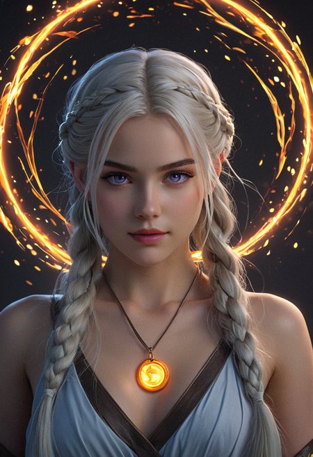 anime artwork <lora:R0k00bstr0ctHD:1>,r0k00bstr0cthd,r0k00bl0ckb0ckgr00ndhd,(shiny, fire, multicolored, black background, glowing, magic circle, aura),, (Hair, Long, silver-blonde hair (often described as pale as moonlight), a hallmark of her Targaryen lineage. In the books, her hair is worn in intricate braids, symbolizing victories and tradition:1), (Eyes, Large, violet eyes, often noted for their intensity and otherworldly quality, typical of the Valyrian race:1), (Skin, Pale, creamy complexion with a smooth, almost luminous quality that enhances her striking beauty:1), (Build, Slim and petite, yet strong and resilient, reflecting her gradual transformation from a timid girl into a determined leader:1),  short in stature, . anime style, key visual, vibrant, studio anime,  highly detailed