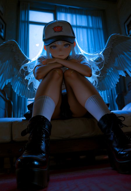 HDR, 8K, high contrast, masterpiece, best quality, amazing quality, very aesthetic, superabsurd res, high resolution, ultra-detailed, absurdres, newest, scenery, (horikoshi kouhei:0.3), (quasarcake:0.3), (wlop:0.3), lightrays, chiaroscuro, dynamic angle, 1girl, wings, heart, solo, long hair, skirt, socks, white hair, bandaid, black skirt, angel wings, bangs, looking at viewer, trvcker h4t, hat, black and white headwear, platform footwear, black footwear, sitting, bedroom, foreshortening , dark, night, bloom, backlighting, partially illuminated, Intricately designed, Mysterious Shadows, BREAK, photorealistic, beautiful detailed eyes, detailed skin, detailed hair, volumetric lighting, dappled light, light particles, dramatic shadows, cinematic lighting, photo background, depth of field, <lora:IL\touching_grass_v0.2:0.8> <lora:IL\KMS_Trucker_Hat_IL-000021:0.9>