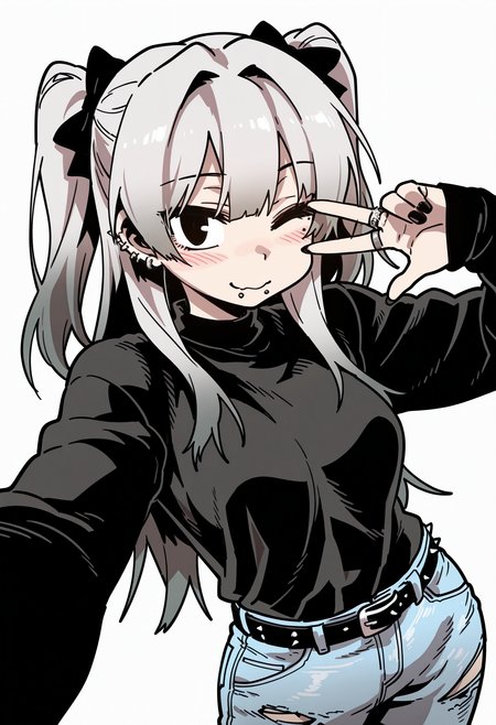 1girl, solo, black nails, piercing, jewelry, one eye closed, spikes, grey hair, long hair, ear piercing, shirt, blush, white background, torn clothes, looking at viewer, simple background, ring, bow, selfie, two side up, mole, hair bow, black eyes, bangs, belt, long sleeves, pants, lip piercing, denim, 
<lora:parkgeeIL-style:1>,parkgee,masterpiece,best quality,amazing quality, 2D,  line art,