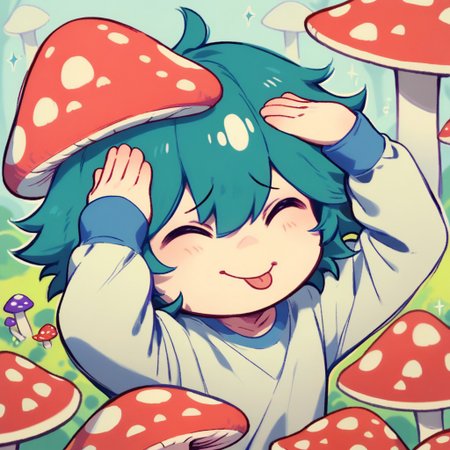 score_9, score_8, score_9_up, small, creature, mushroom, mushroom person, chibi, kawaii, AhEtoBlehMeme, closed eyes, tongue out, :p, hands on own head, smile