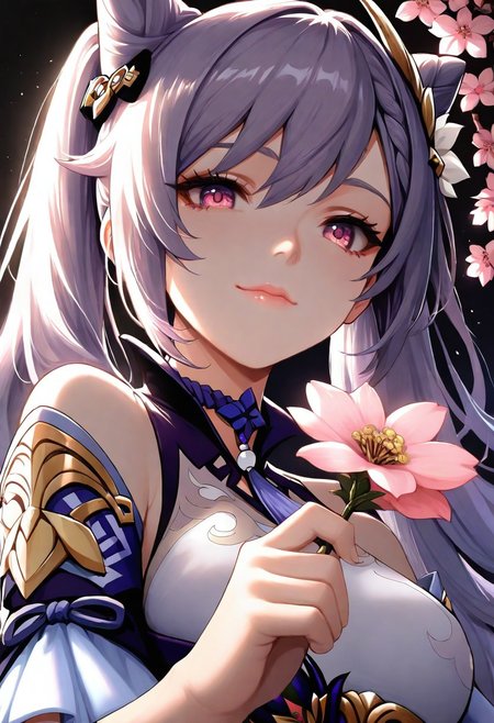 1girl, Keqing Genshin Impact, lips, thin lips, solo, looking at viewer, charming smile, holding flower, chupa chups, upper body, from below, back lighting, dark, multicolored background, masterpiece, cherry blossom, best quality, very aesthetic
