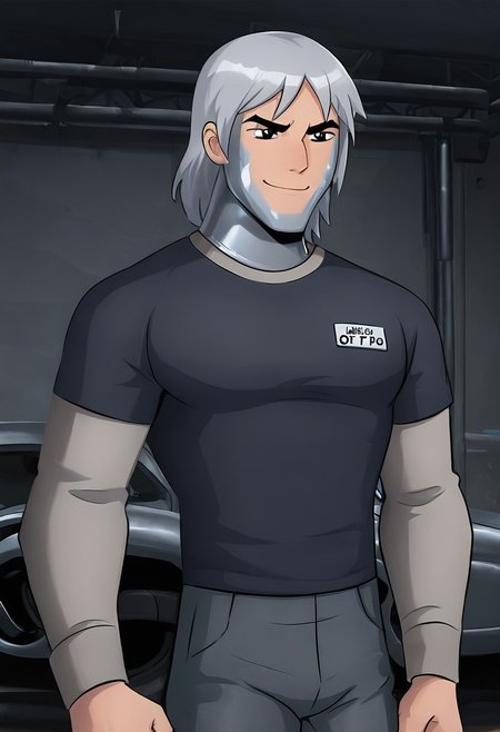 masterpiece, best quality, amazing quality, very aesthetic, absurdres, newest,
 kevaf, black eyes, black pupils, white sclera,  1boy, solo,  eyebrows, 
metal grey hair, grey metal shirt, layered sleeves, short over long sleeves, thick eyebrows, metal grey jeans, 
angry, smile, petrification, shiny skin, oily skin, metallic skin, metal skin, nuts and bolts, garage, mechanic, upper body,  metal parts, car parts, garage, dynamic pose, metal skin, shiny skin,