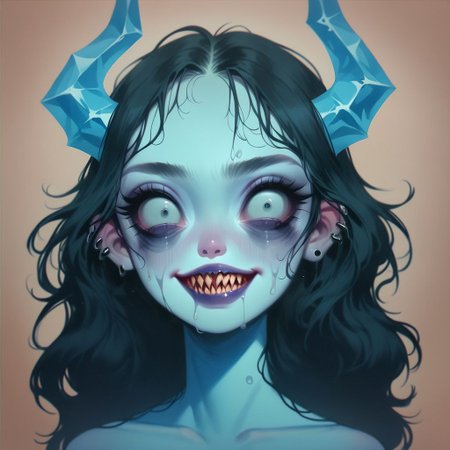 score_9, score_8_up, score_7_up, score_6_up,  p3tr4, MJ, sk3tchb00k, watermode, goth girl with horns, cold eyes, smiling huge creepy smile with sharp teeth, Moai Statue, Moai face, ice girl