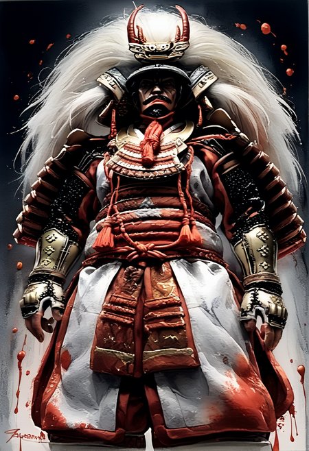 score_9, score_8_up, score_7_up,
Male illustration, 50 years old, mature man, ambitious, wide-eyed, piercing gaze, distinguished, intelligent, strategist, military strategist, intimidating, chubby but muscular, Japanese samurai, 16th century, dramatic lighting, high contrast, decorative, atmospheric, haunting beauty, texture, (dynamic angle), round face, black, gray, red, yellow,
Front view, splash art, highly detailed illustration, trending on Artstation, paint smor,plashes, perfect composition, watercolor, sharp focus, intricate details, highly detailed,
White background, mustache (1.3), windy, dynamic pose, dynamic angle,arrmor,
Watercolor, <lora:BDpony_TakedaShingen_V1:0.9>, Takeda Shingen,
<lora:Midjourney_5:0.6>, <lora:WaterColorV3:0.8>,
