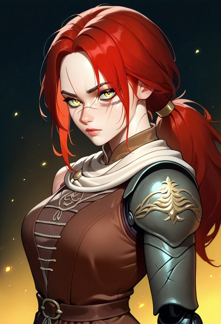 masterpiece, best quality, newest, absurdres, highres, ArcaneEyes-IL, 1girl, millicent \(elden ring\), yellow eyes, red hair, long hair, ponytail, scar, prosthetic arm, single mechanical arm