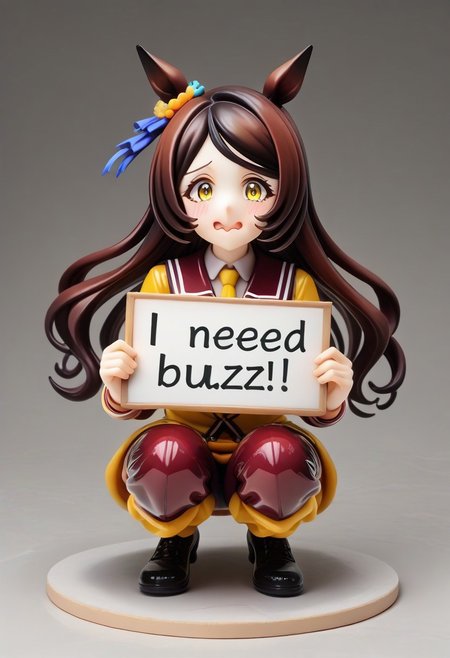 ( Latex,manhattan_cafe_(umamusume), ,(need_buzz, holding sign)1girl,  need_buzz, holding sign with another hand : 1.3), fake smile, nervous sweat, wavy mouth, squatting, looking at viewer, very awa,yellow_necktie,black long hair , yellow eyes,pants