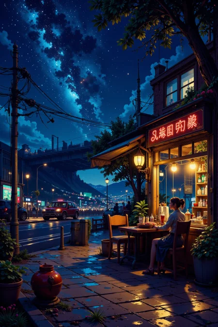 a woman at a cafe, bright luminous starry night, woman, very intricate, very detailed, sharp, bright, colorful, <lora:Hand v2:0.5> <lora:Anti-Blur:1><lora:Insane Detail Slider:0.25>  <lora:flux.1_lora_flyway_Epic-detail_v2:0.3> <lora:fluxenhancer:0.25><lora:ck-Neon-Retrowave:0.4> ck-rw, in the style of ck-rw,  <lora:Neurocore Anime Cyberpunk:0.8> A digital artwork in the style of cknc