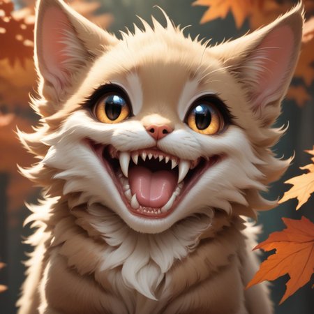 score_9, score_8_up, score_7_up, score_6_up, score_5_up, score_4_up,UHD, 
adorable cat-like creature big eyes in forest autumn time, Perfect Fangs, fangs, sharp teeth, fang