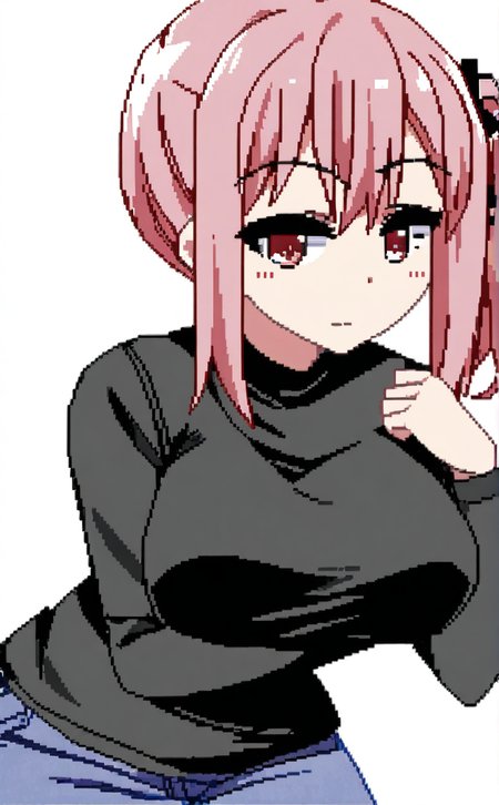 character: Mizuki (ç¾æ), character: Mizuki (ç¾æ) clothes3, pixel art, 1girl, solo, simple background, white background, cowboy shot, looking to the side, closed mouth, pink hair, large breasts, arm under breasts, black shirt, long sleeves, red eyes, blue jeans, side ponytail, hand up<lora:summer memories v8.3 (å¤æè£æ­£ååå¾ç¿»è½¬)-000005:1>