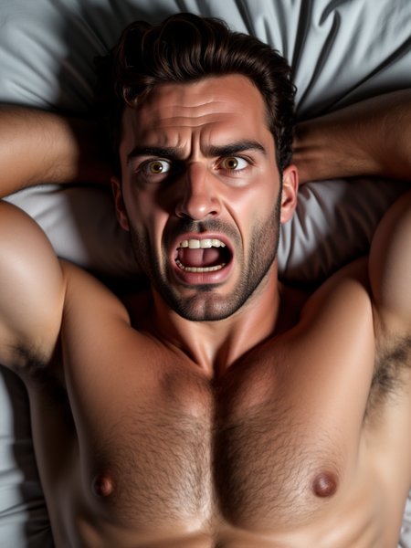 Ege is a man with honey eyes. he is muscular manly. He is lying in bed. His expression is frightened and shocked at the same time. He is screaming very loudly. He is squinting in shock and rolling his eyes backwards. He is sweaty. His upper body is bare and his hands are behind his head. His armpit is visible.