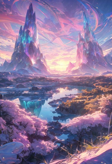 (raytracing, best quality, 8k, high res, masterpiece:1.2), An elegant alien landscape featuring rolling hills of soft, luminescent grass that glows in shades of teal and lavender. Towering, delicate trees with translucent leaves sway gently in a gentle breeze, their branches adorned with shimmering, floating orbs of light. A crystal-clear river winds through the scene, reflecting the vibrant colors of a pastel sky filled with swirling clouds. In the distance, majestic mountains rise, their peaks capped with iridescent ice that sparkles like diamonds in the sunlight. The atmosphere is serene and harmonious, with gentle, melodic sounds of nature enhancing the beauty of this perfect, otherworldly scenery.