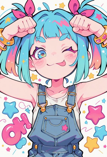 1 girl , solo , blushing , tongue out , closed mouth , bratty smile , thick eyebrow , eyelashes , cute , twintails , fist against head , winking , star , sleeveless , bracelet , overalls , ribbon , hair ribbon ,
masterpiece, best quality ,amazing quality ,S4bit4mago_illu , Protoneon  ,s0wasow4rt_illu,