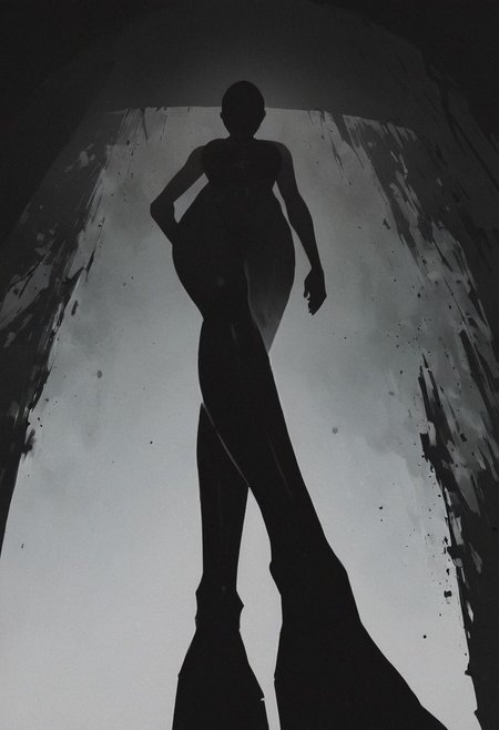 score_9, score_8_up, score_7_up, source_anime, masterpiece, best quality, highly detailed, Expressiveh, Woman, crossed legs, Low Angle View, Office Chair, skintight bodysuit, darkness, Silhouette, looking tsundere at Viewer, Neon DARK colorful, translucent Planets in Infinity galaxy Background
